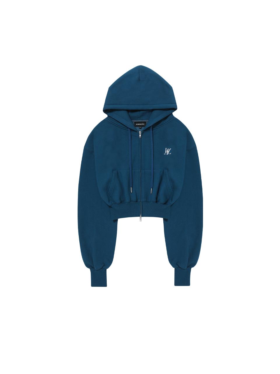WOOALONG Fleece-lined Signature Crop Hood Zip-up Hoodie [Mid Blue]
