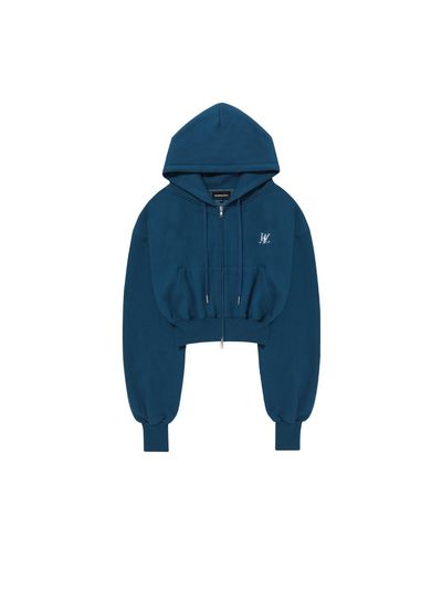 WOOALONG Fleece-lined Signature Crop Hood Zip-up Hoodie [Mid Blue]
