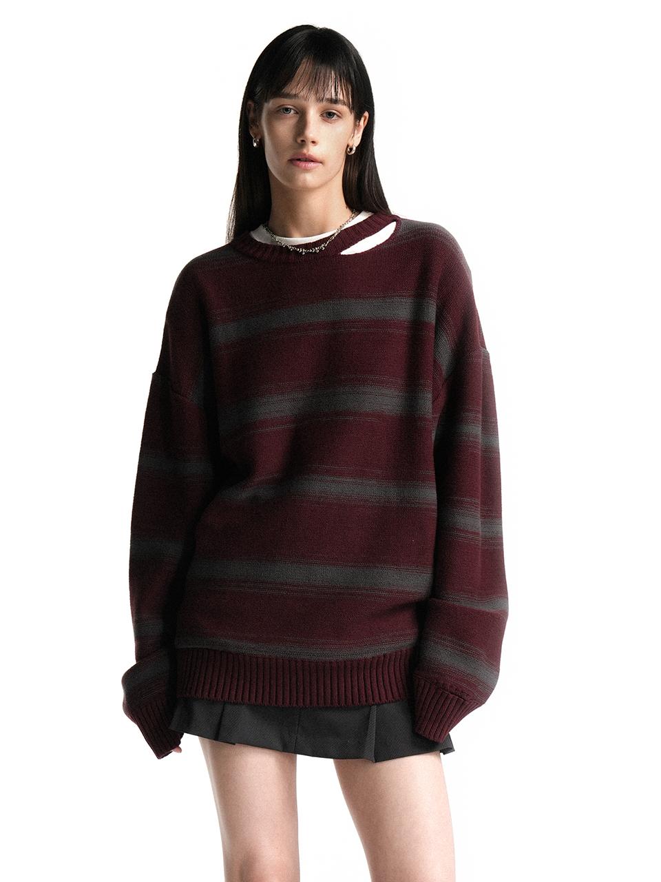 WOOALONG Gradation Line Slit Long Sleeve Knit [WINE]