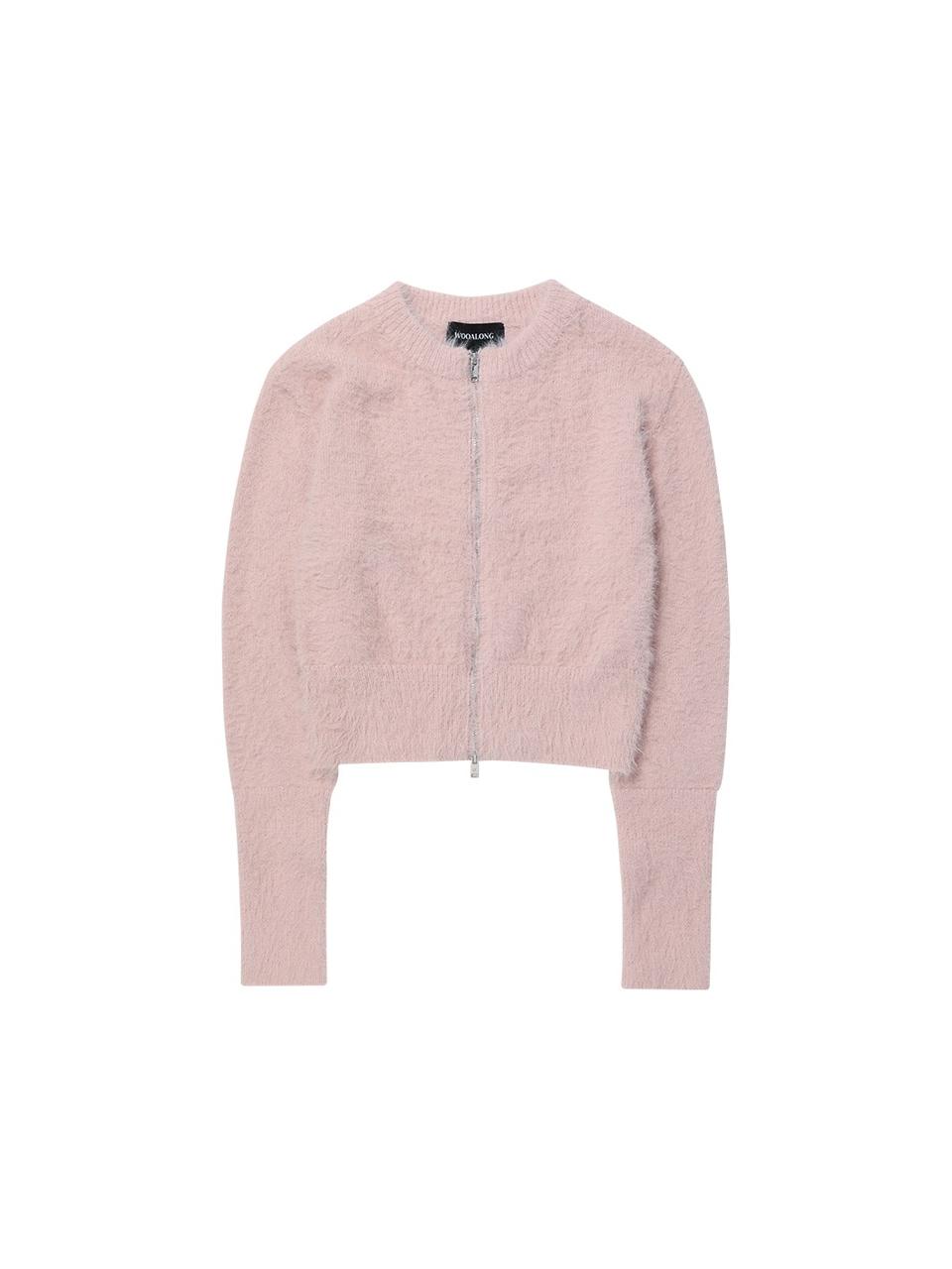 WOOALONG Hairy Knit Zip-up Cardigan [DUSTY PINK]