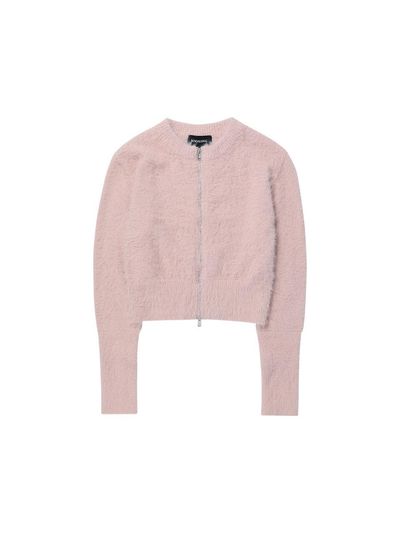 WOOALONG Hairy Knit Zip-up Cardigan [DUSTY PINK]