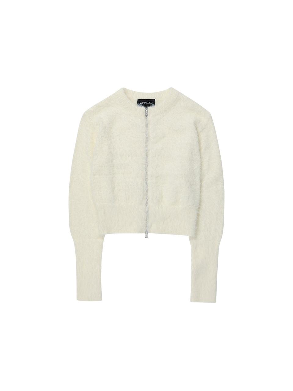 WOOALONG Hairy knit zip-up cardigan [IVORY]