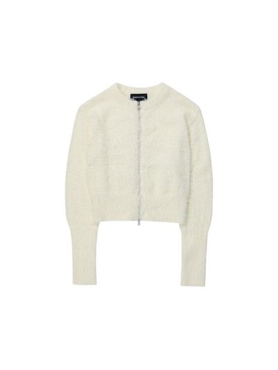 WOOALONG Hairy knit zip-up cardigan [IVORY]