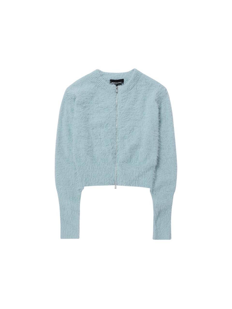 WOOALONG Hairy knit zip-up cardigan [SKY BLUE]