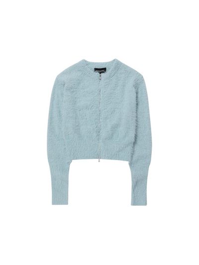 WOOALONG Hairy knit zip-up cardigan [SKY BLUE]
