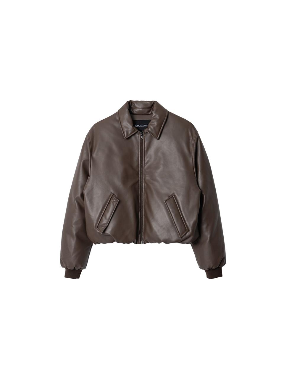WOOALONG Leather Padding Bomber Jacket [BROWN]