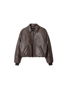 WOOALONG Leather Padding Bomber Jacket [BROWN]