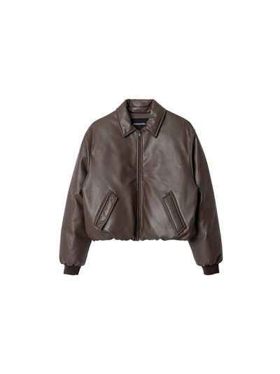 WOOALONG Leather Padding Bomber Jacket [BROWN]