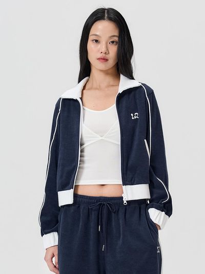 WOOALONG Piping Terry Zip-up Jacket [Navy]