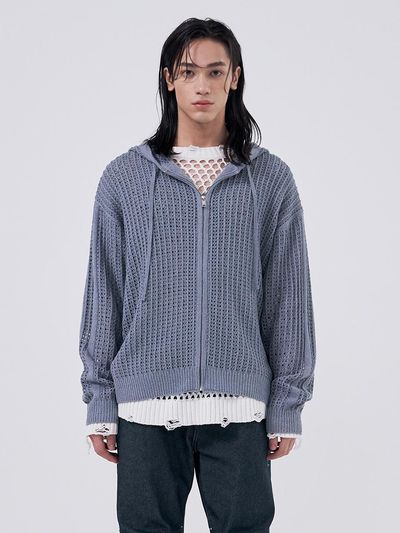 WOOALONG Scassi Knit Hood Zip-up Hoodie [Dark Blue]
