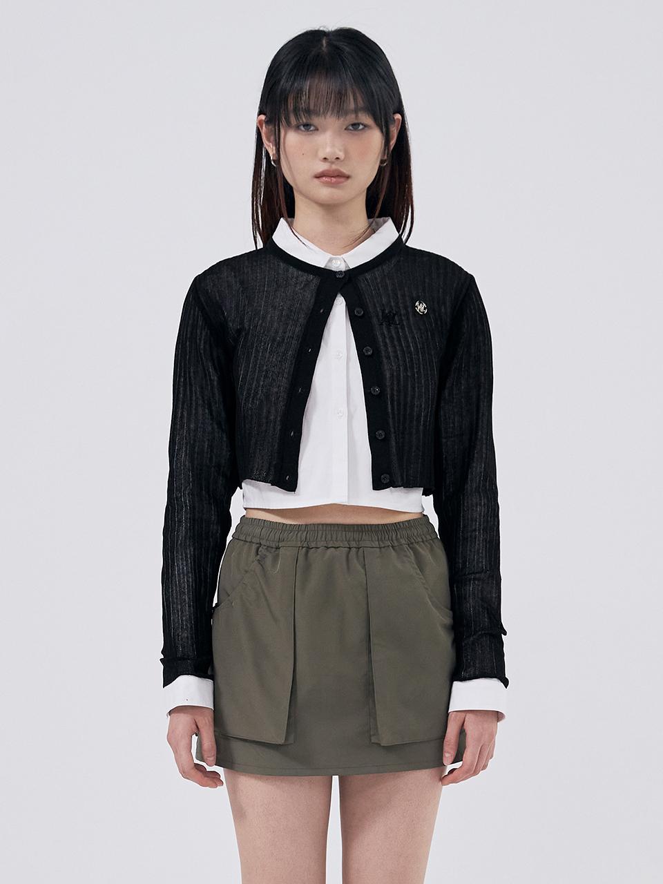 WOOALONG See-through Crop Knit Cardigan [BLACK]