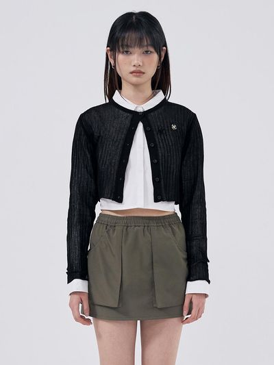 WOOALONG See-through Crop Knit Cardigan [BLACK]