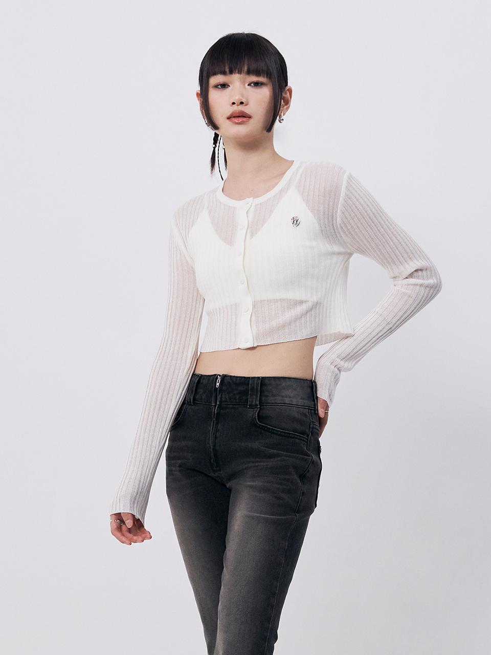 WOOALONG See-through Crop Knit Cardigan [IVORY]