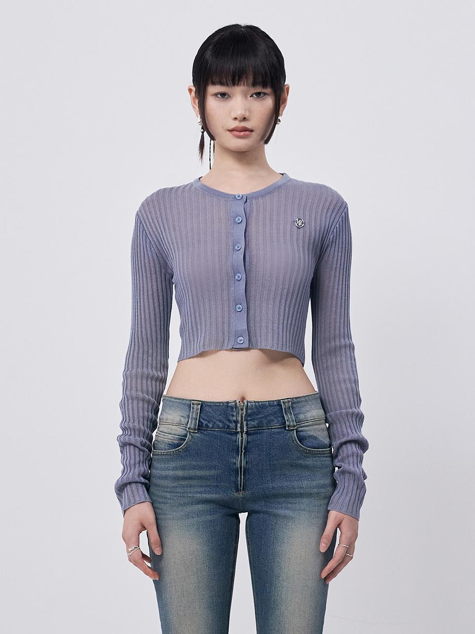 WOOALONG See-through Crop Knit Cardigan [LIGHT BLUE]