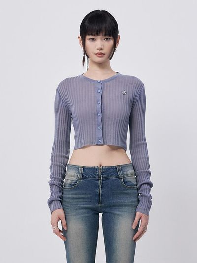 WOOALONG See-through Crop Knit Cardigan [LIGHT BLUE]