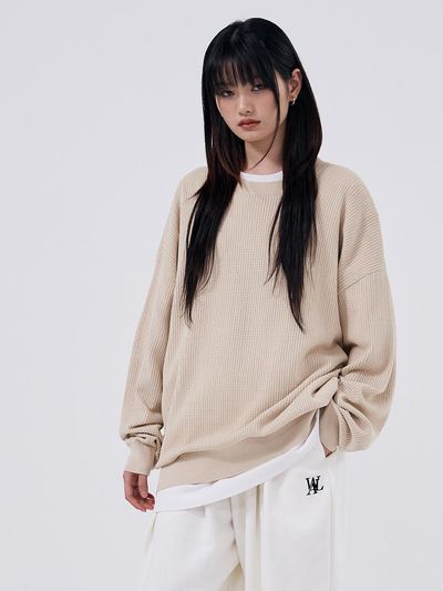 WOOALONG Signature Round Scassi Knit Sweater [LIGHT BEIGE]