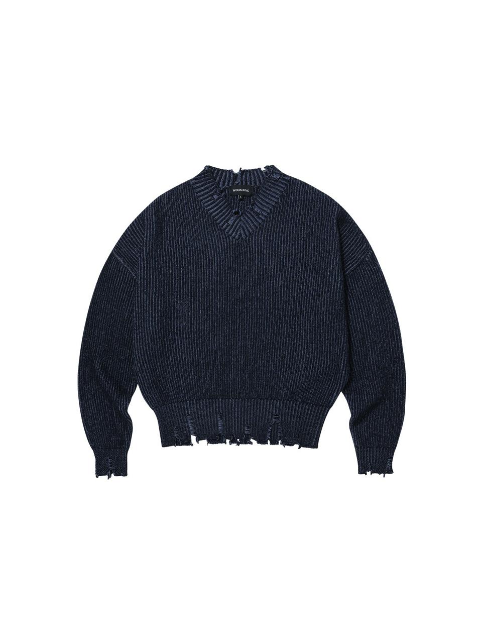 WOOALONG V-neck Damage Knit [Navy]