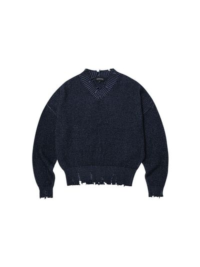 WOOALONG V-neck Damage Knit [Navy]