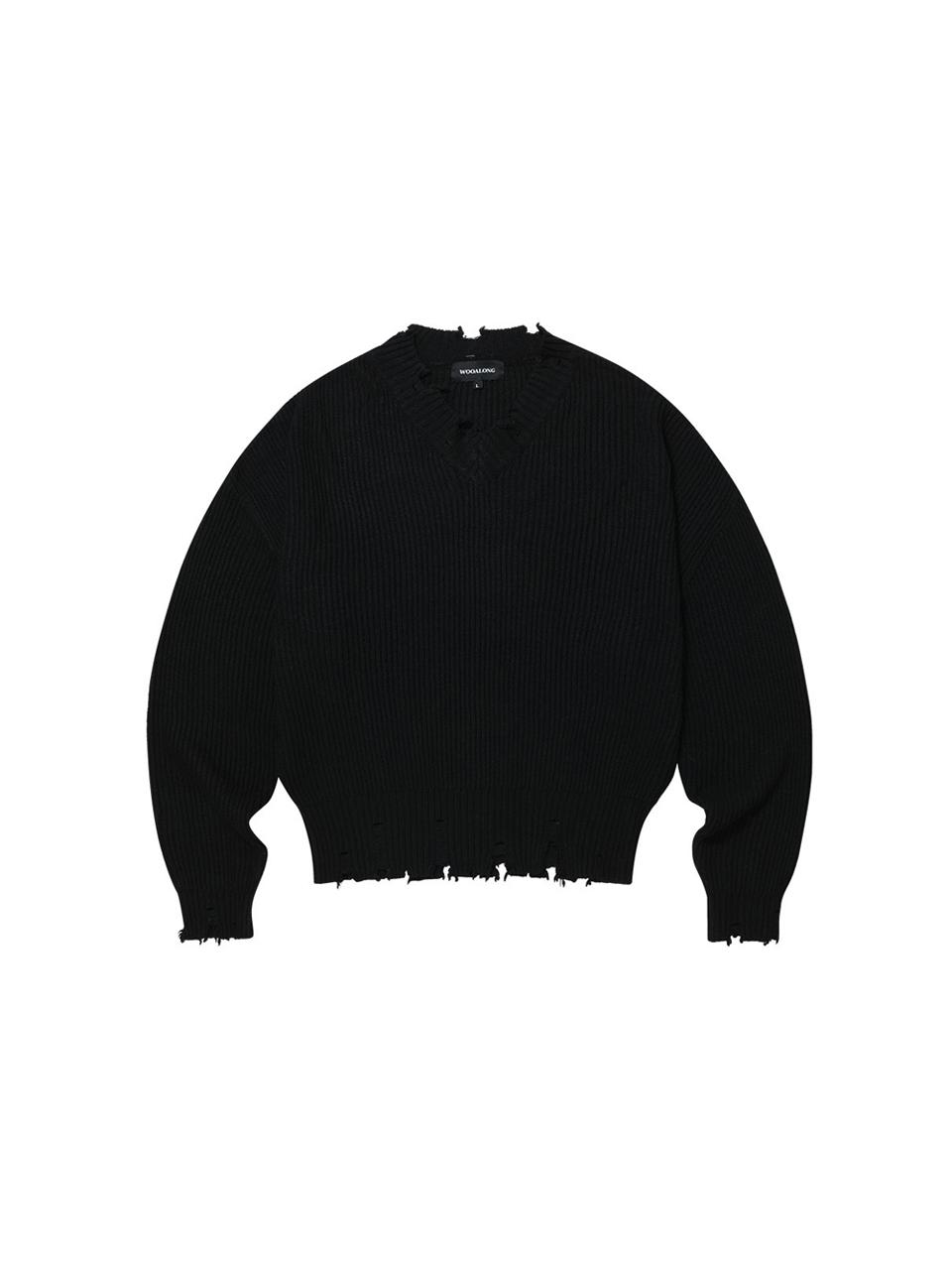 WOOALONG V-neck Damage Knit Sweater [Black]