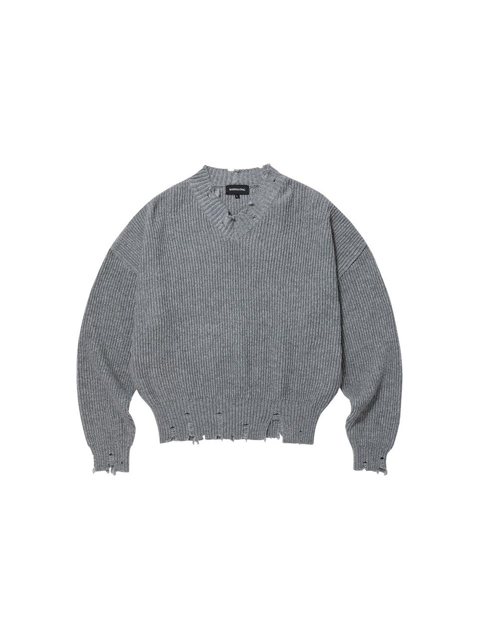 WOOALONG V-neck Damage Sweater [Grey]