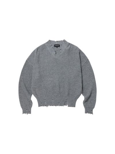 WOOALONG V-neck Damage Sweater [Grey]