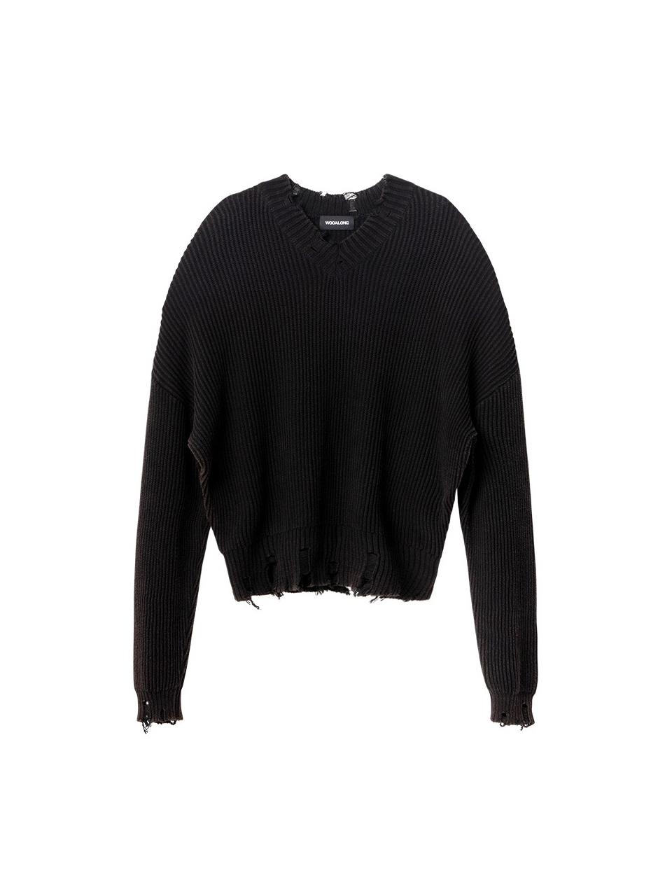 WOOALONG V-neck Distressed Knit Sweater [Black]