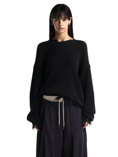 WOOALONG V-neck distressed knit sweater [DARK PURPLE]