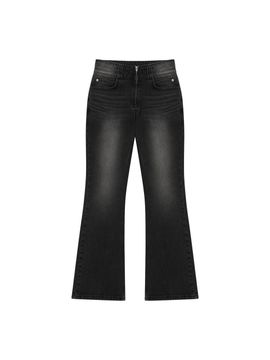 WOOALONG Western Washed Boots-cut Denim [BLACK]