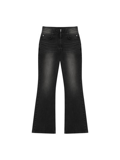 WOOALONG Western Washed Boots-cut Denim [BLACK]