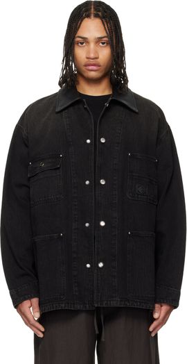 WOOYOUNGMI WOOYOUNGMI Black Leather Collar Tin-washed Denim Coat