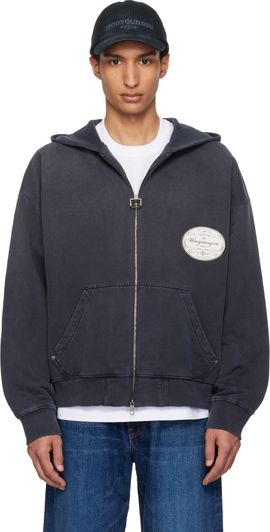 WOOYOUNGMI WOOYOUNGMI Navy Lettering Back Logo Zip-Up Hoodie