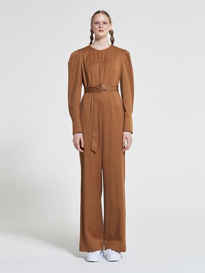 WOVEMENT Belted Wool Jumpsuit Brown WBAFJS001BR