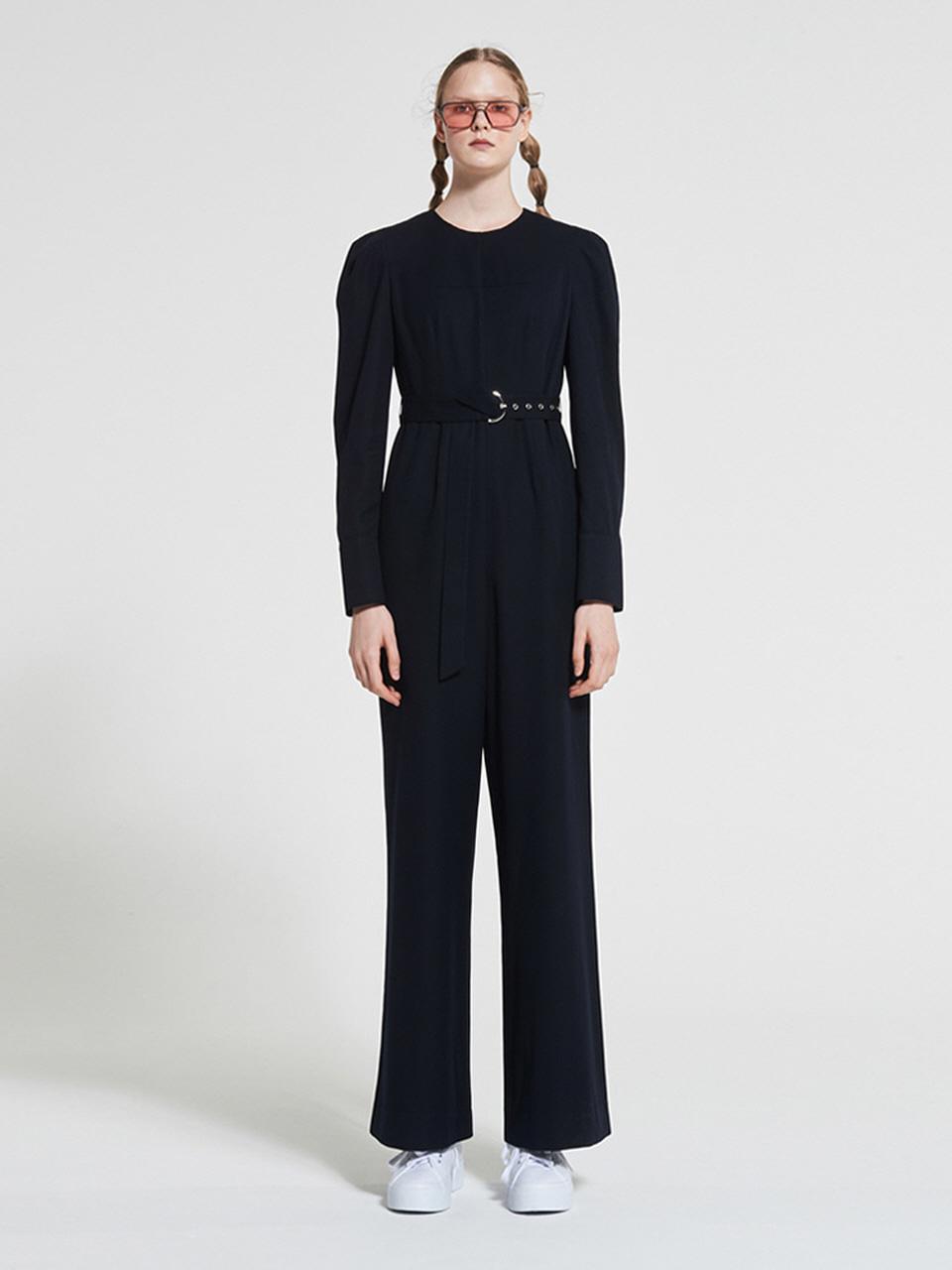 WOVEMENT Belted Wool Jumpsuit Navy WBAFJS001NV