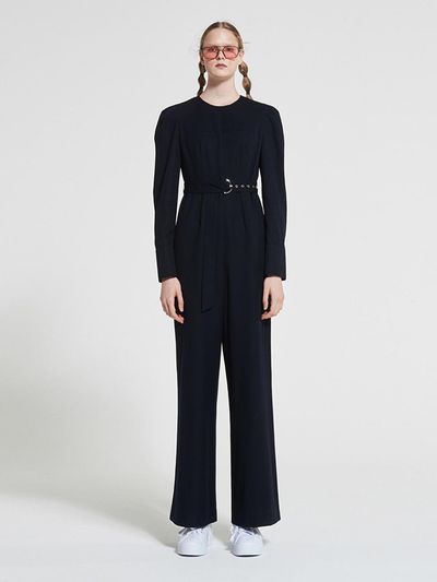 WOVEMENT Belted Wool Jumpsuit Navy WBAFJS001NV