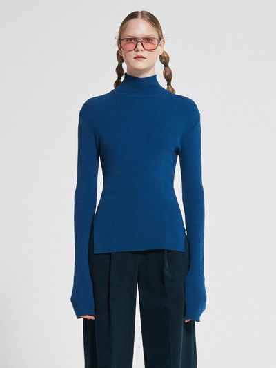 WOVEMENT Fitted Slit Wool Knit Top Blue WBAFNT002BL