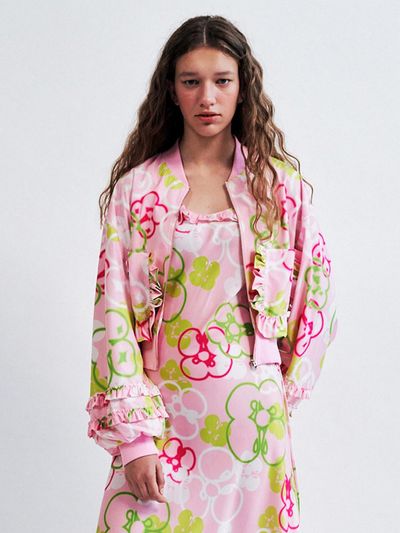 WOVEMENT Flower Image Pattern Blouson Pink WBCSJP003PK