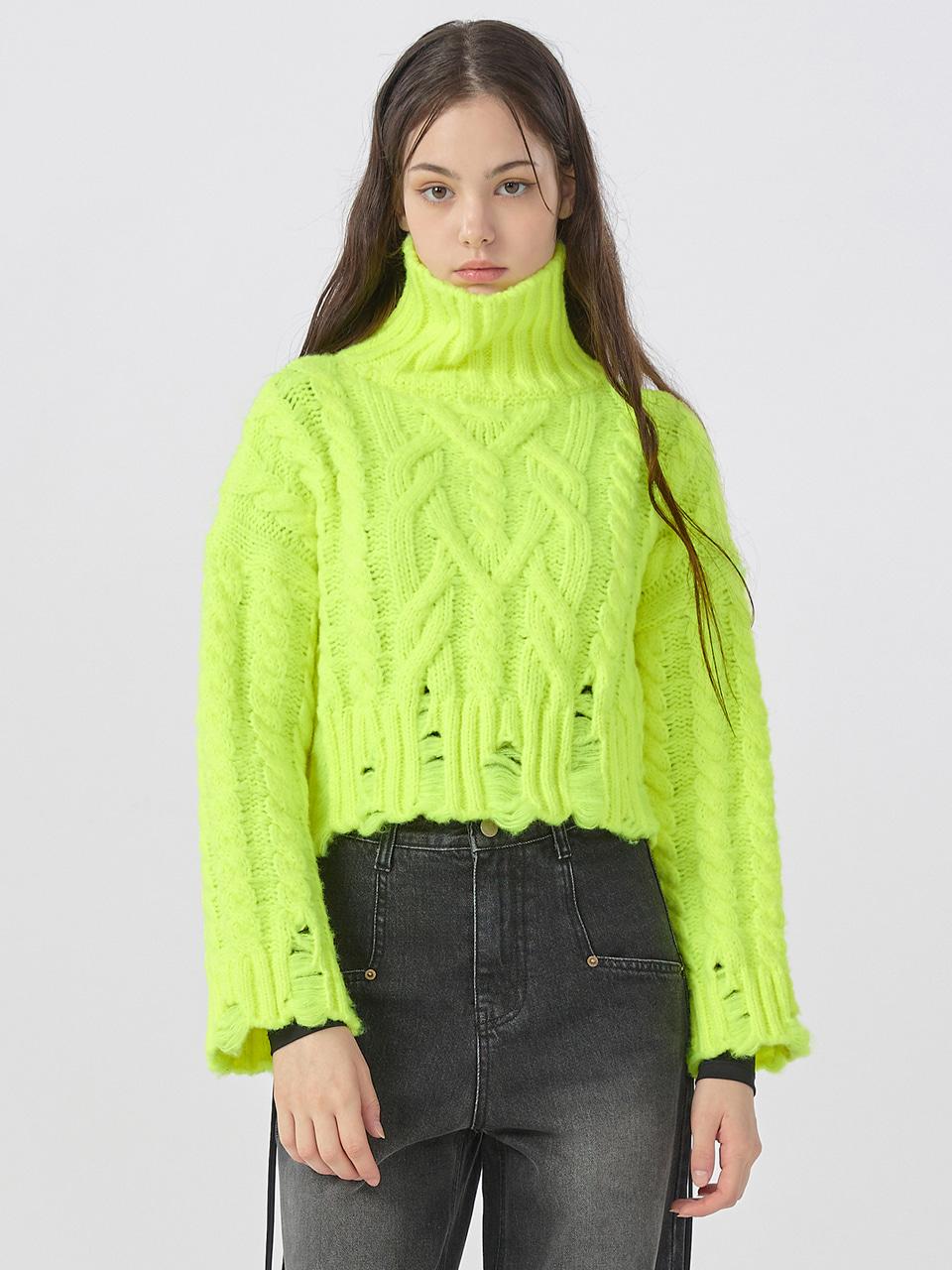 WOVEMENT High Neck Cable Crop Pullover Neon Green WBBFNT005