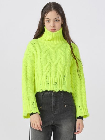WOVEMENT High Neck Cable Crop Pullover Neon Green WBBFNT005