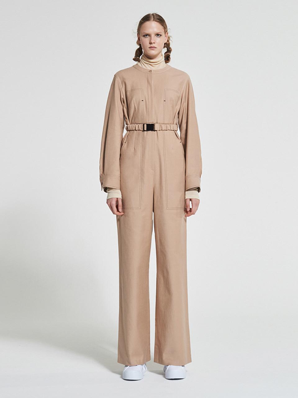 WOVEMENT High Rise Cotton Jumpsuit Beige WBAFJS002BE
