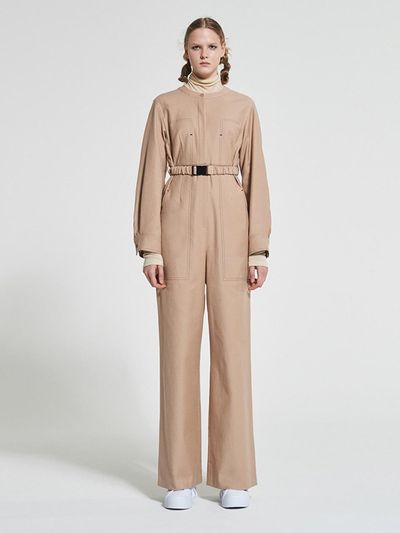 WOVEMENT High Rise Cotton Jumpsuit Beige WBAFJS002BE