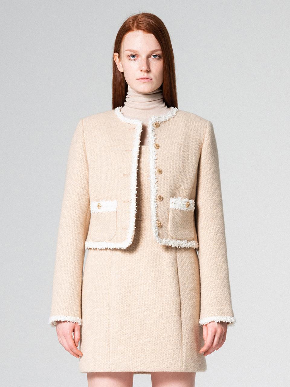 WOVEMENT Lace trimming tweed jacket BEIGE WBCFJK003BE