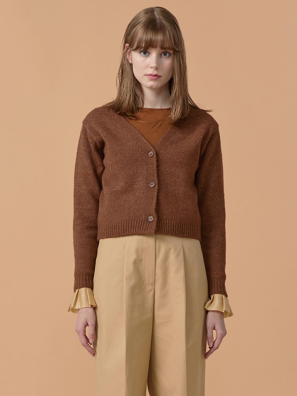 WOVEMENT Pleated Sleeves Detail Cardigan Brown WBBFNT006BR