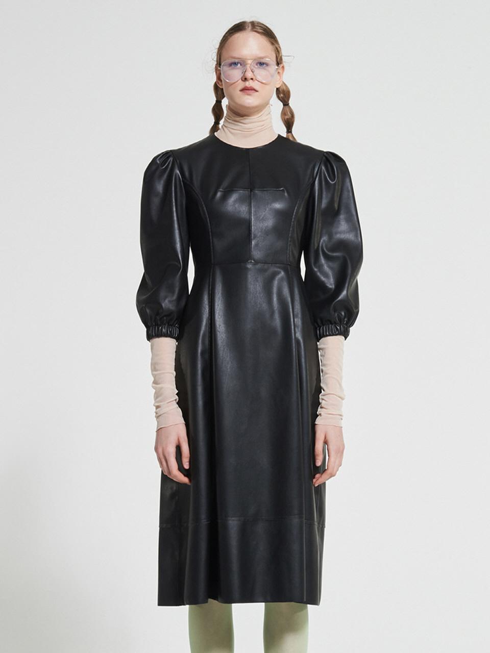WOVEMENT Puff Sleeves Faux Leather Dress Black WBAFOP003BK