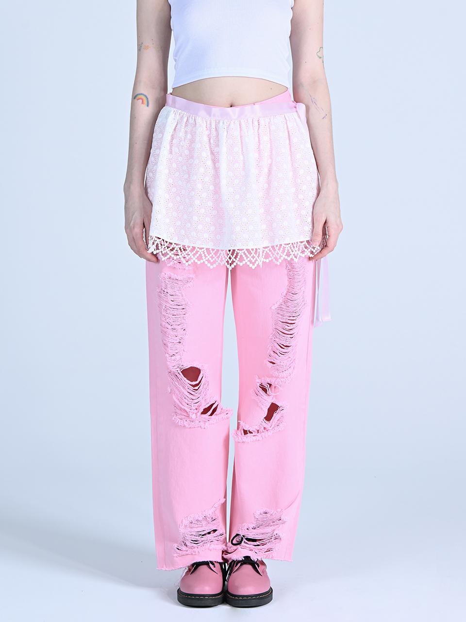 WOVEMENT Rough Destroy Denim Pants Pink WBCSPA001PK