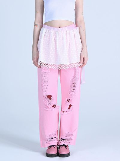 WOVEMENT Rough Destroy Denim Pants Pink WBCSPA001PK