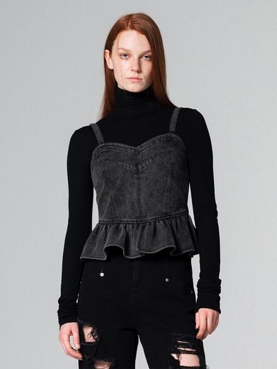 WOVEMENT Two - way denim bustier top BLACK WBCFTP002BK