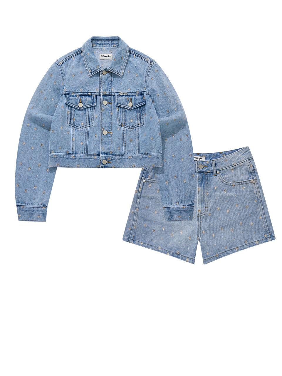 Wrangler Front Embroidery Summer Denim Shorts Set Up