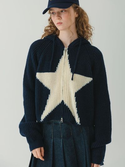 Wrangler Stars Jacquard Hoodie Sweater Cardigan Navy