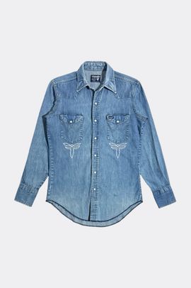 Wrangler Vintage 1990s Wrangler Chainstitch Faded Denim Pearl Snap Shirt in Tinted Denim, Men's at Urban Outfitters