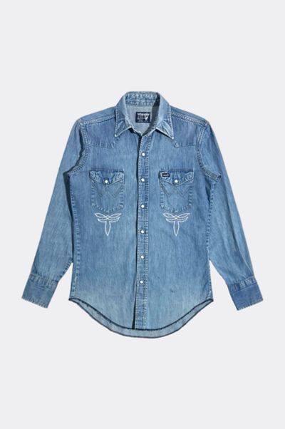 Wrangler Vintage 1990s Wrangler Chainstitch Faded Denim Pearl Snap Shirt in Tinted Denim, Men's at Urban Outfitters